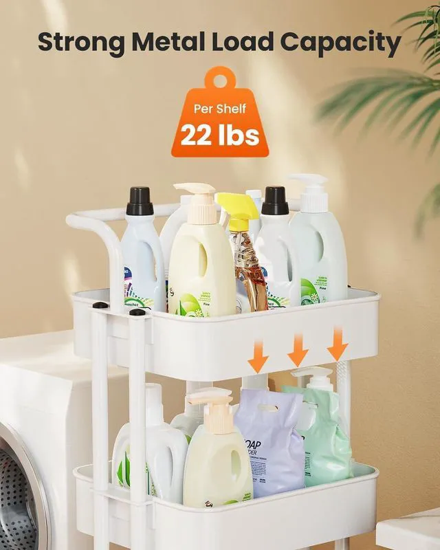 Alt view image 6 of 7 - Metal 4 Tier Rolling Cart with Handle & 2 Lockable Wheels, White Four Large 2" Wheels for Easier Movement, Sturdy Metal, Hold 22 lbs per Shelf, Ventilated Mesh Design, for Office and Kitchen