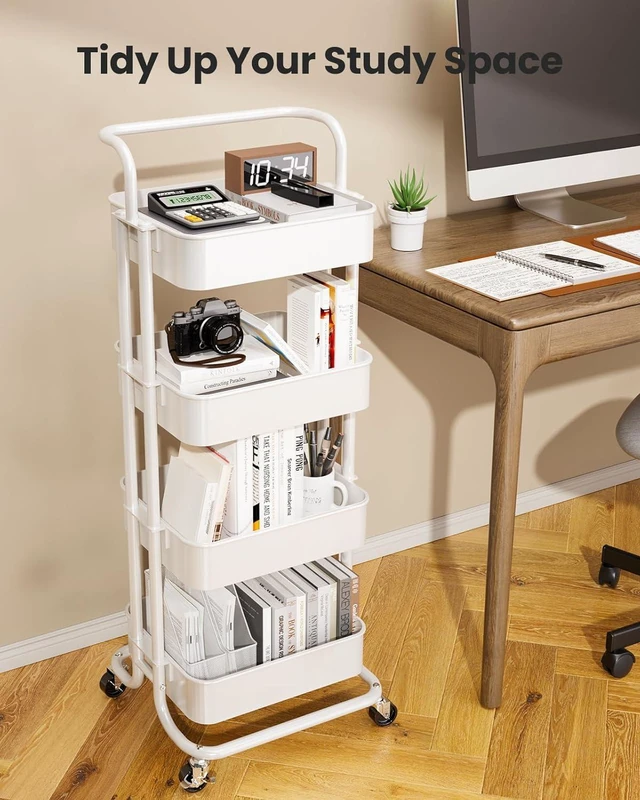 Alt view image 7 of 7 - Metal 4 Tier Rolling Cart with Handle & 2 Lockable Wheels, White Four Large 2" Wheels for Easier Movement, Sturdy Metal, Hold 22 lbs per Shelf, Ventilated Mesh Design, for Office and Kitchen