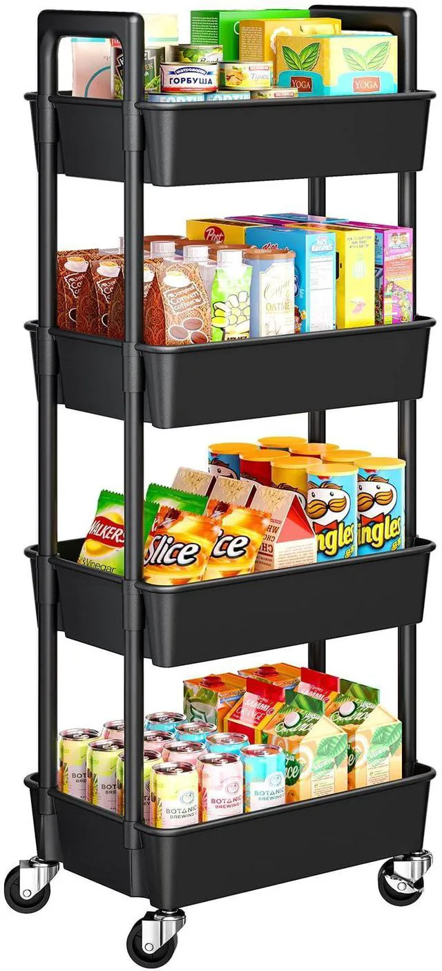 Main image of 4-Tier Rolling Cart, Plastic Cart with Lockable Wheels & Reinforced Handle, Lightweight Utility Storage for Nursery, Bathroom, Craft Room, Black