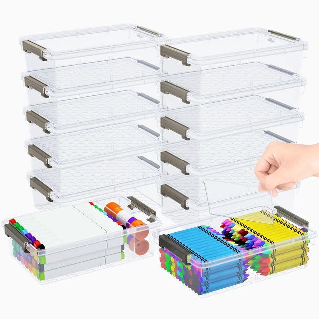 Main image of 12 Pack Extra Large Pencil Box with Removable Divider, Thickened Pencil Case Bulk, Clear Crayon Marker Organizer Stackable Plastic Small Storage Containers for Pen Craft School Supplies(Grey)