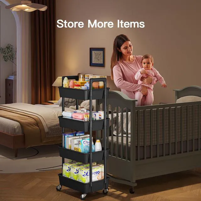 Alt view image 3 of 7 - 4-Tier Rolling Cart, Plastic Cart with Lockable Wheels & Reinforced Handle, Lightweight Utility Storage for Nursery, Bathroom, Craft Room, Black
