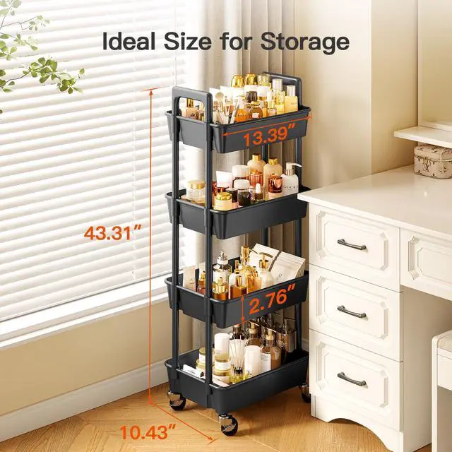 Alt view image 5 of 7 - 4-Tier Rolling Cart, Plastic Cart with Lockable Wheels & Reinforced Handle, Lightweight Utility Storage for Nursery, Bathroom, Craft Room, Black