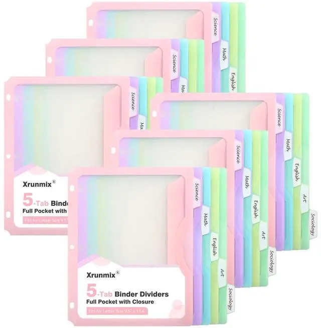 Main image of 30 Counts Dividers for 3 Ring Binder, 5-Tabs Binder Dividers with Pocket for US Letter Size, 5 Pastel Recipe Binder Dividers with 1/5 Cut Tabs for Back to School/Office/Home, Pastel Color (6)