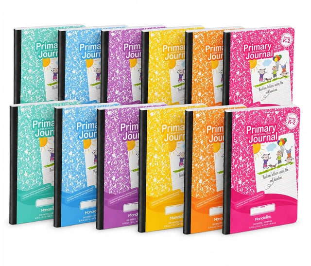 Main image of Primary Composition Notebook K-2, Primary Journal Grades K 2, Preschool, 1st Grade, Kindergarten Notebooks, Primary Ruled - 9.75 x 7.50 - Sturdy Covers - 100 Sheets - Assorted Colors - (12 Pack)