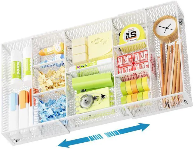 Main image of Expandable Desk Drawer Organizer, Mesh Drawer Organizer Tray with 10 Adjustable Compartments, Desk Organizers and Accessories for Office Supplies (Longer Expandable Drawer Organizer-W)