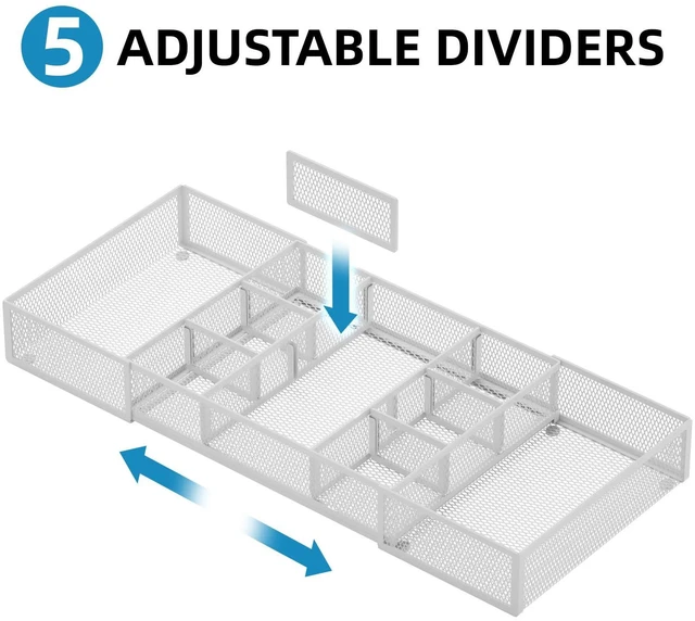 Alt view image 3 of 7 - Expandable Desk Drawer Organizer, Mesh Drawer Organizer Tray with 10 Adjustable Compartments, Desk Organizers and Accessories for Office Supplies (Longer Expandable Drawer Organizer-W)