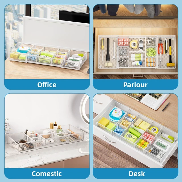 Alt view image 4 of 7 - Expandable Desk Drawer Organizer, Mesh Drawer Organizer Tray with 10 Adjustable Compartments, Desk Organizers and Accessories for Office Supplies (Longer Expandable Drawer Organizer-W)