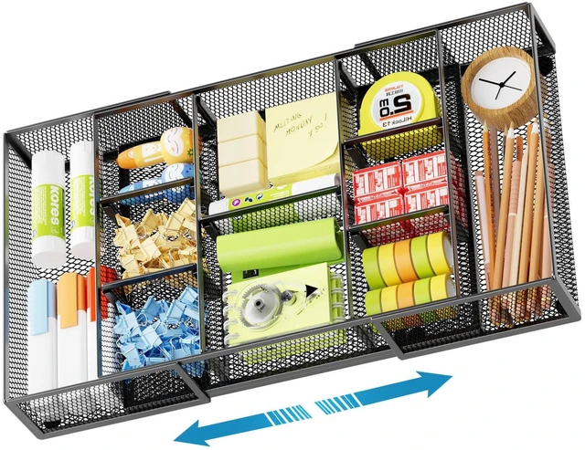 Main image of Expandable Desk Drawer Organizer, Mesh Drawer Organizer Tray with 10 Adjustable Compartments, Desk Organizers and Accessories for Office Supplies (Longer Expandable Drawer Organizer-B)