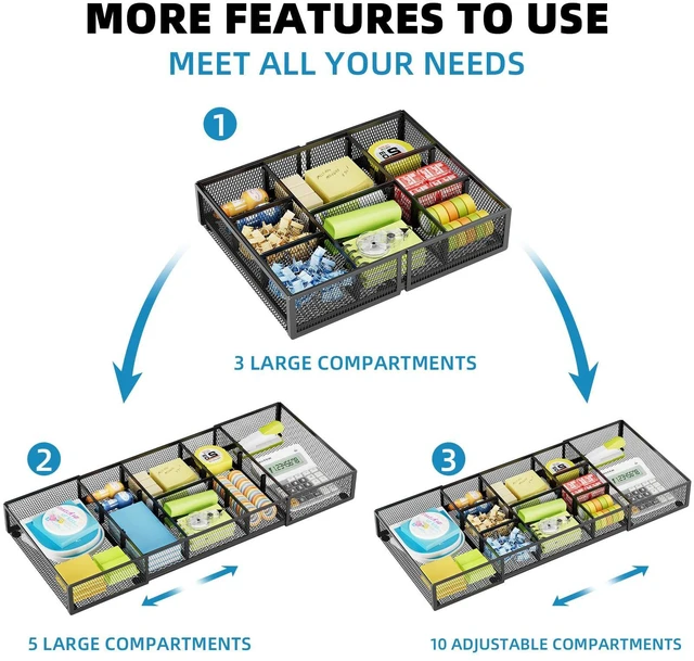 Alt view image 5 of 7 - Expandable Desk Drawer Organizer, Mesh Drawer Organizer Tray with 10 Adjustable Compartments, Desk Organizers and Accessories for Office Supplies (Longer Expandable Drawer Organizer-B)