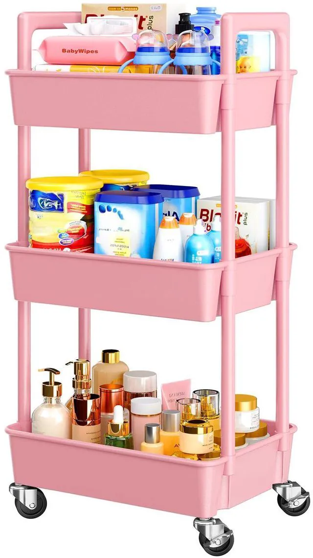 Main image of 3 Tier Rolling Cart Organizer, Plastic Rolling Cart with Lockable Wheels & Reinforced Handle, Lightweight Utility Storage Cart for Nursery, Kitchen, Craft Room, Pink