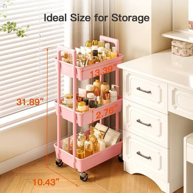 Alt view image 3 of 7 - 3 Tier Rolling Cart Organizer, Plastic Rolling Cart with Lockable Wheels & Reinforced Handle, Lightweight Utility Storage Cart for Nursery, Kitchen, Craft Room, Pink