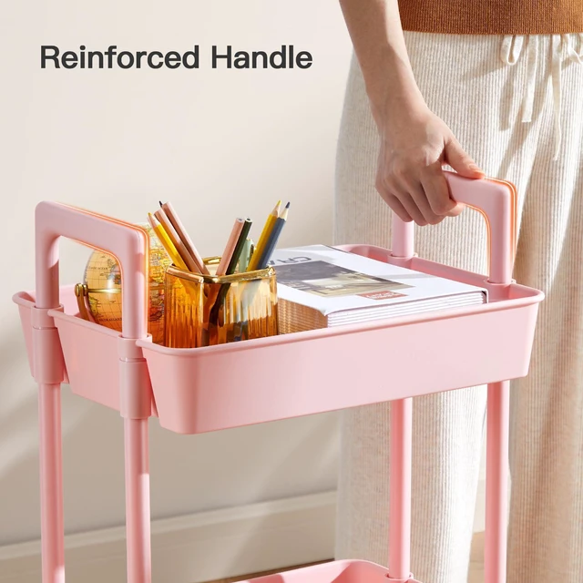 Alt view image 5 of 7 - 3 Tier Rolling Cart Organizer, Plastic Rolling Cart with Lockable Wheels & Reinforced Handle, Lightweight Utility Storage Cart for Nursery, Kitchen, Craft Room, Pink
