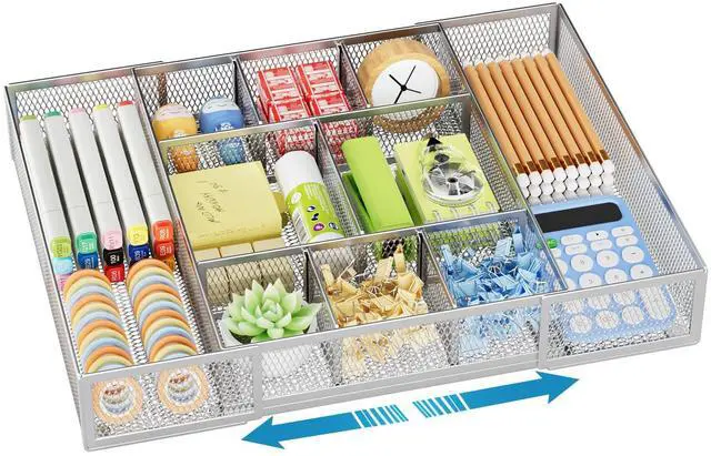 Main image of Expandable Desk Drawer Organizer, Mesh Tray with 10 Adjustable Compartments, Desk Organizers for Office Supplies, Makeup & Vanity (Expandable-Silver)