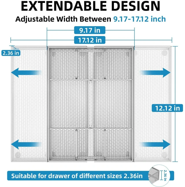 Alt view image 2 of 7 - Expandable Desk Drawer Organizer, Mesh Tray with 10 Adjustable Compartments, Desk Organizers for Office Supplies, Makeup & Vanity (Expandable-Silver)