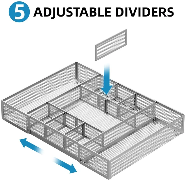 Alt view image 3 of 7 - Expandable Desk Drawer Organizer, Mesh Tray with 10 Adjustable Compartments, Desk Organizers for Office Supplies, Makeup & Vanity (Expandable-Silver)