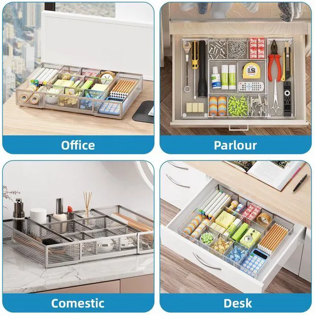 Alt view image 4 of 7 - Expandable Desk Drawer Organizer, Mesh Tray with 10 Adjustable Compartments, Desk Organizers for Office Supplies, Makeup & Vanity (Expandable-Silver)