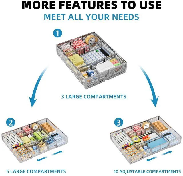 Alt view image 5 of 7 - Expandable Desk Drawer Organizer, Mesh Tray with 10 Adjustable Compartments, Desk Organizers for Office Supplies, Makeup & Vanity (Expandable-Silver)