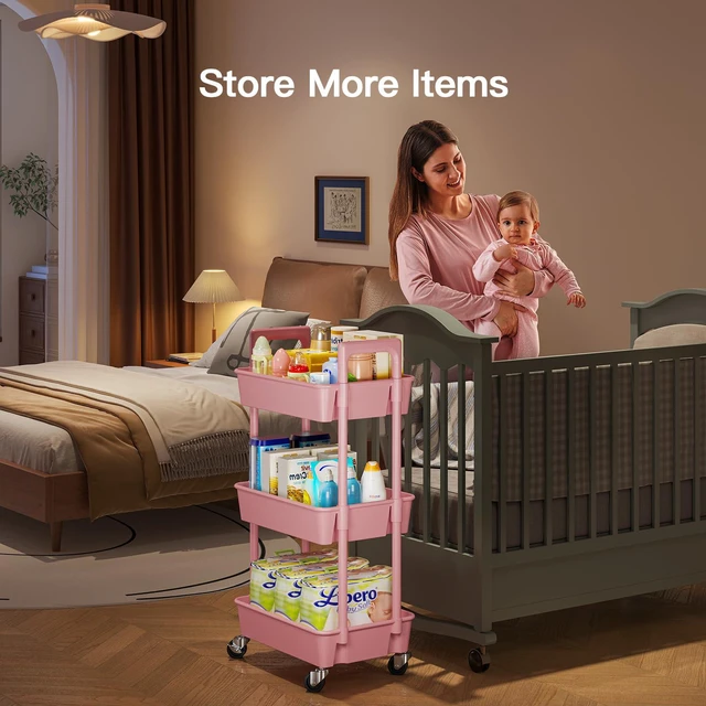 Alt view image 7 of 7 - 3 Tier Rolling Cart Organizer, Plastic Rolling Cart with Lockable Wheels & Reinforced Handle, Lightweight Utility Storage Cart for Nursery, Kitchen, Craft Room, Pink