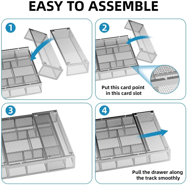 Alt view image 7 of 7 - Expandable Desk Drawer Organizer, Mesh Tray with 10 Adjustable Compartments, Desk Organizers for Office Supplies, Makeup & Vanity (Expandable-Silver)