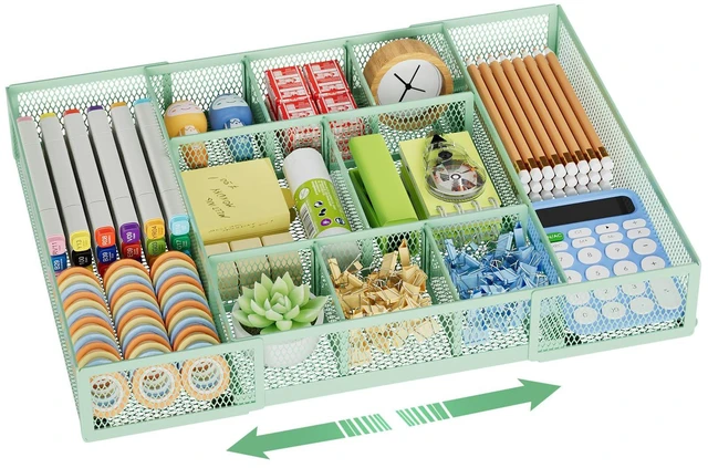 Main image of Expandable Desk Drawer Organizer, Mesh Drawer Organizer Tray with 10 Adjustable Compartments, Desk Organizers and Accessories for Office Supplies, Makeup & Vanity (Expandable-Green)