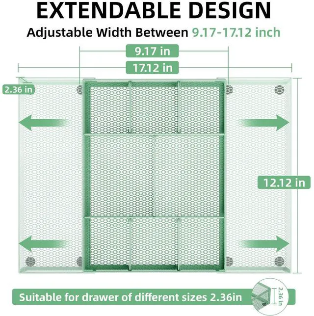 Alt view image 2 of 7 - Expandable Desk Drawer Organizer, Mesh Drawer Organizer Tray with 10 Adjustable Compartments, Desk Organizers and Accessories for Office Supplies, Makeup & Vanity (Expandable-Green)