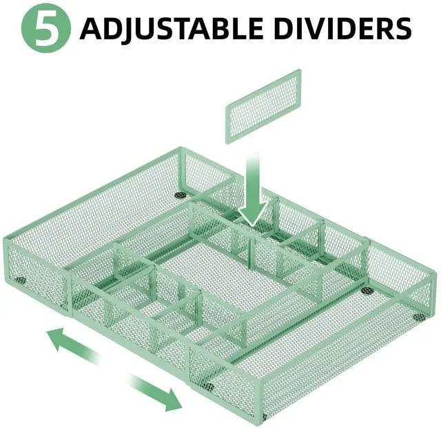 Alt view image 3 of 7 - Expandable Desk Drawer Organizer, Mesh Drawer Organizer Tray with 10 Adjustable Compartments, Desk Organizers and Accessories for Office Supplies, Makeup & Vanity (Expandable-Green)