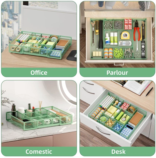 Alt view image 4 of 7 - Expandable Desk Drawer Organizer, Mesh Drawer Organizer Tray with 10 Adjustable Compartments, Desk Organizers and Accessories for Office Supplies, Makeup & Vanity (Expandable-Green)