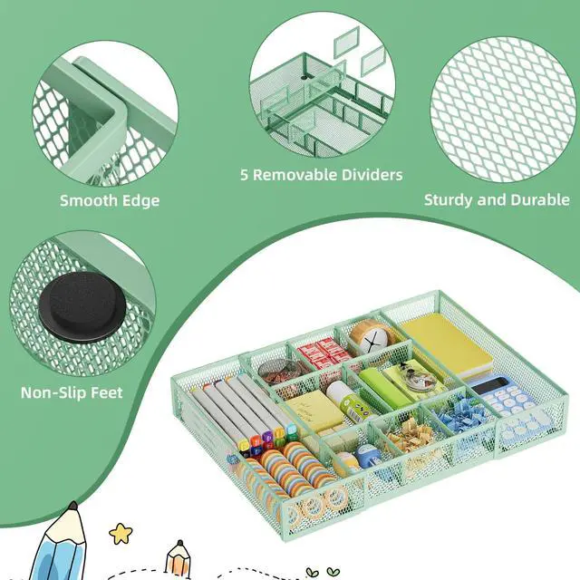 Alt view image 6 of 7 - Expandable Desk Drawer Organizer, Mesh Drawer Organizer Tray with 10 Adjustable Compartments, Desk Organizers and Accessories for Office Supplies, Makeup & Vanity (Expandable-Green)