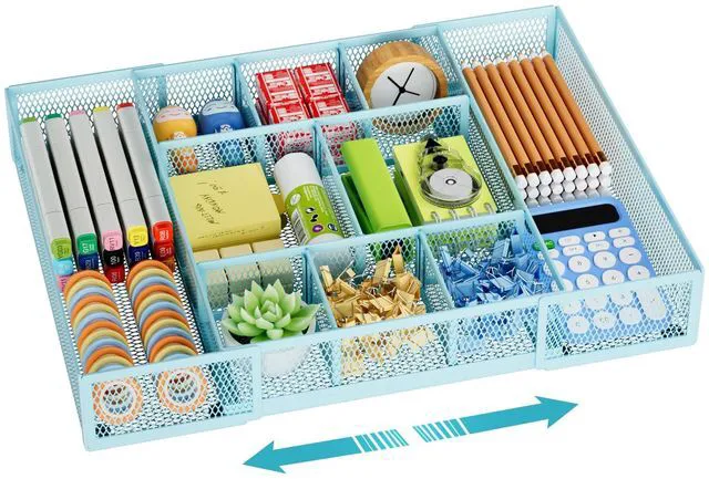 Main image of Expandable Desk Drawer Organizer, Mesh Drawer Organizer Tray with 10 Adjustable Compartments, Desk Organizers and Accessories for Office Supplies, Makeup & Vanity (Expandable-Blue)