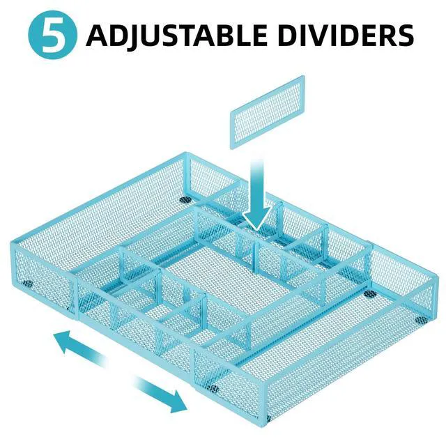 Alt view image 3 of 7 - Expandable Desk Drawer Organizer, Mesh Drawer Organizer Tray with 10 Adjustable Compartments, Desk Organizers and Accessories for Office Supplies, Makeup & Vanity (Expandable-Blue)