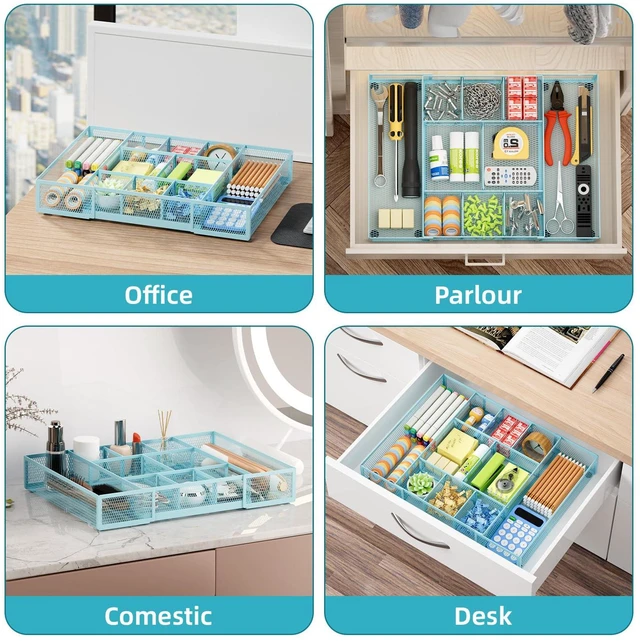 Alt view image 4 of 7 - Expandable Desk Drawer Organizer, Mesh Drawer Organizer Tray with 10 Adjustable Compartments, Desk Organizers and Accessories for Office Supplies, Makeup & Vanity (Expandable-Blue)