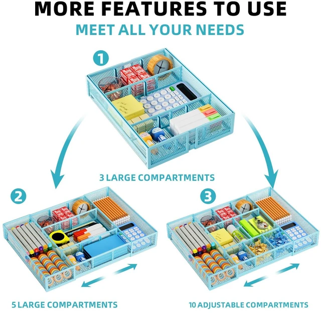 Alt view image 5 of 7 - Expandable Desk Drawer Organizer, Mesh Drawer Organizer Tray with 10 Adjustable Compartments, Desk Organizers and Accessories for Office Supplies, Makeup & Vanity (Expandable-Blue)