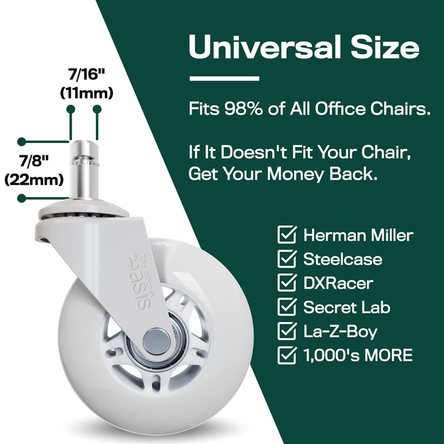 Alt view image 4 of 5 - Original Office Chair Wheels (As Seen On PBS), White Safe for hardwood floors & carpet, smooth & quiet casters, easy installation, universal fit, set of 5