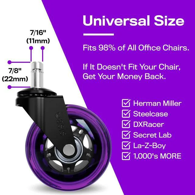 Alt view image 4 of 5 - Original Office Chair Wheels (As Seen On PBS), Purple Safe for hardwood floors & carpet, smooth & quiet casters, easy installation, universal fit, set of 5