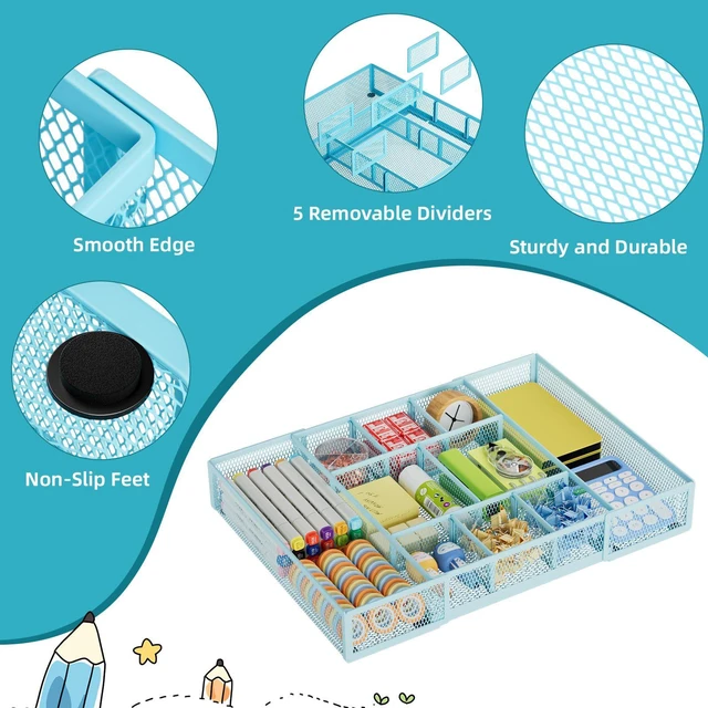 Alt view image 6 of 7 - Expandable Desk Drawer Organizer, Mesh Drawer Organizer Tray with 10 Adjustable Compartments, Desk Organizers and Accessories for Office Supplies, Makeup & Vanity (Expandable-Blue)