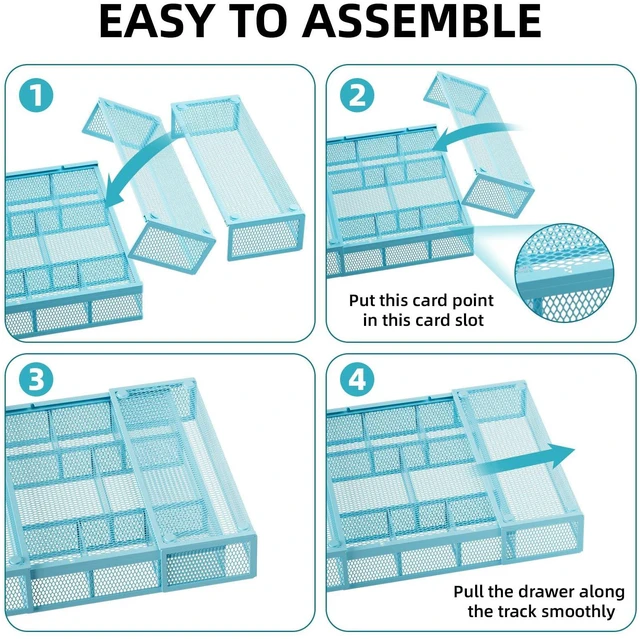 Alt view image 7 of 7 - Expandable Desk Drawer Organizer, Mesh Drawer Organizer Tray with 10 Adjustable Compartments, Desk Organizers and Accessories for Office Supplies, Makeup & Vanity (Expandable-Blue)
