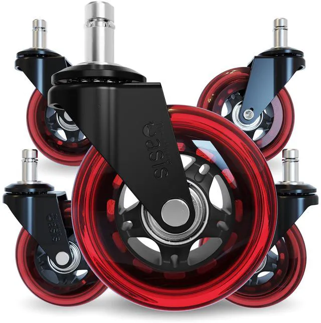 Main image of Original Office Chair Wheels (As Seen On PBS), Red Safe for hardwood floors & carpet, smooth & quiet casters, easy installation, universal fit, set of 5