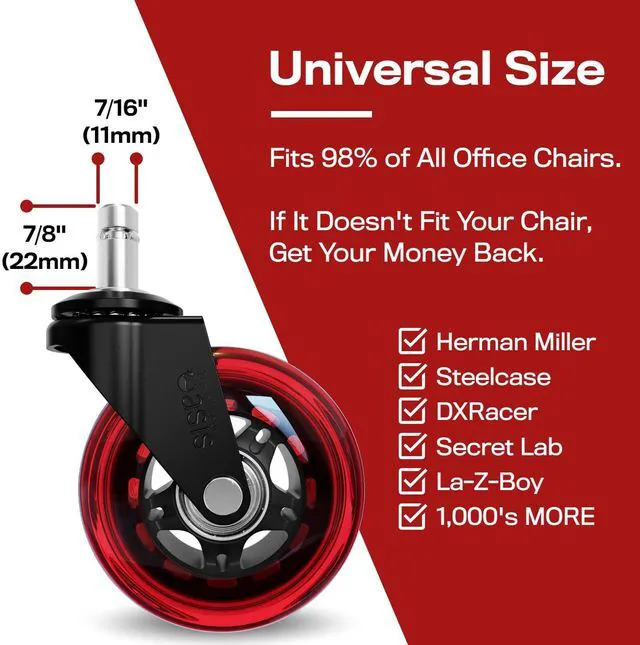 Alt view image 4 of 5 - Original Office Chair Wheels (As Seen On PBS), Red Safe for hardwood floors & carpet, smooth & quiet casters, easy installation, universal fit, set of 5