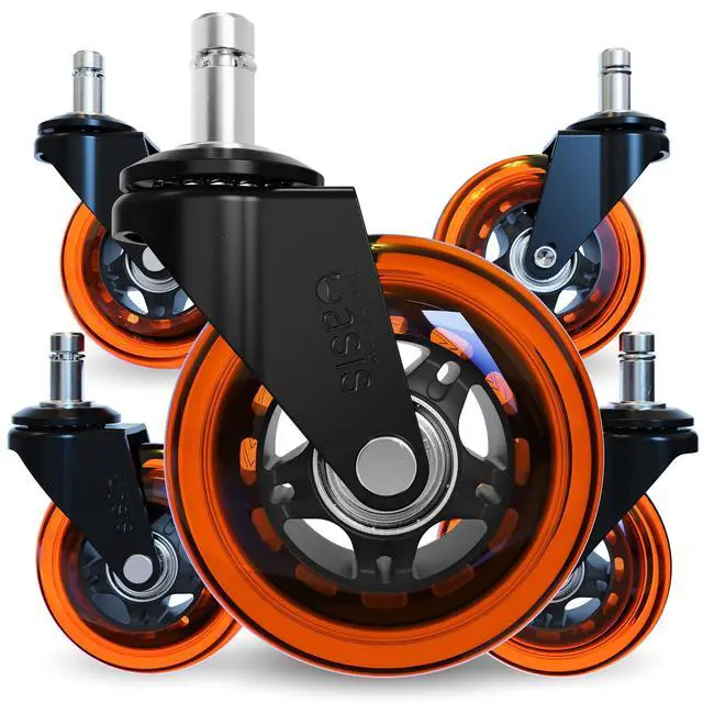Main image of Original Office Chair Wheels (As Seen On PBS), Orange Safe for hardwood floors & carpet, smooth & quiet casters, easy installation, universal fit, set of 5