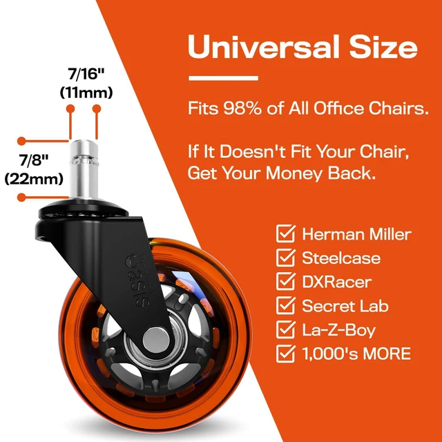 Alt view image 4 of 5 - Original Office Chair Wheels (As Seen On PBS), Orange Safe for hardwood floors & carpet, smooth & quiet casters, easy installation, universal fit, set of 5