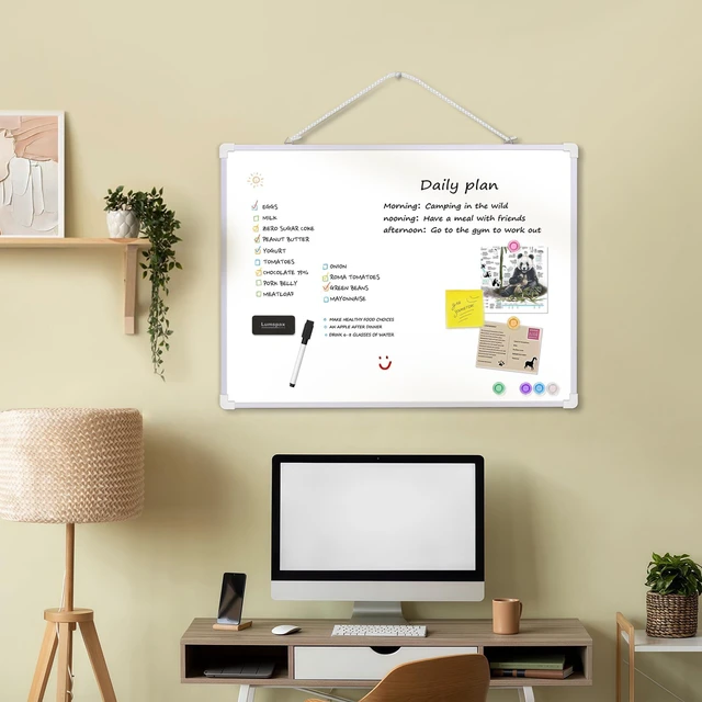 Alt view image 2 of 7 - Dry Erase Board for Wall, 24" x 18" Double-Sided Hanging Magnetic Whiteboard with 6 Markers, 6 Magnets and 3 Mini Sticky Notes, Large White Board for Kids, School, Home, Office