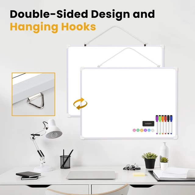 Alt view image 4 of 7 - Dry Erase Board for Wall, 24" x 18" Double-Sided Hanging Magnetic Whiteboard with 6 Markers, 6 Magnets and 3 Mini Sticky Notes, Large White Board for Kids, School, Home, Office