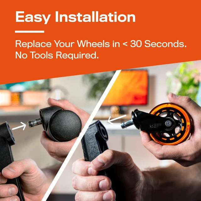 Alt view image 5 of 5 - Original Office Chair Wheels (As Seen On PBS), Orange Safe for hardwood floors & carpet, smooth & quiet casters, easy installation, universal fit, set of 5