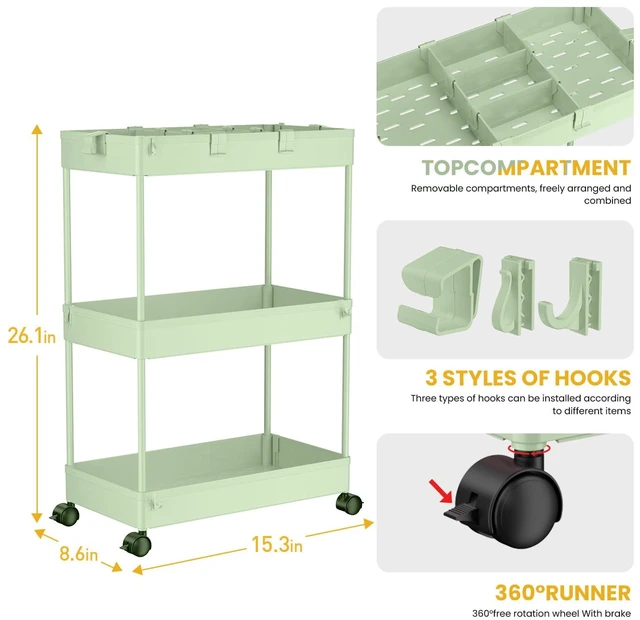 Alt view image 3 of 6 - 3 Tier Rolling Cart with Wheels, Storage Craft Art Trolley Organizer Serving, 3 Hanging Baskets Easy Assembly, for Office, Living Room, Kitchen, Green