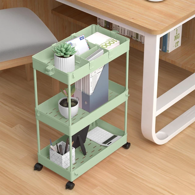 Alt view image 5 of 6 - 3 Tier Rolling Cart with Wheels, Storage Craft Art Trolley Organizer Serving, 3 Hanging Baskets Easy Assembly, for Office, Living Room, Kitchen, Green
