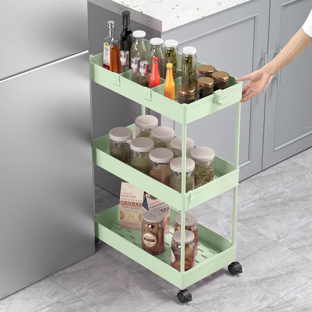 Alt view image 4 of 6 - 3 Tier Rolling Cart with Wheels, Storage Craft Art Trolley Organizer Serving, 3 Hanging Baskets Easy Assembly, for Office, Living Room, Kitchen, Green