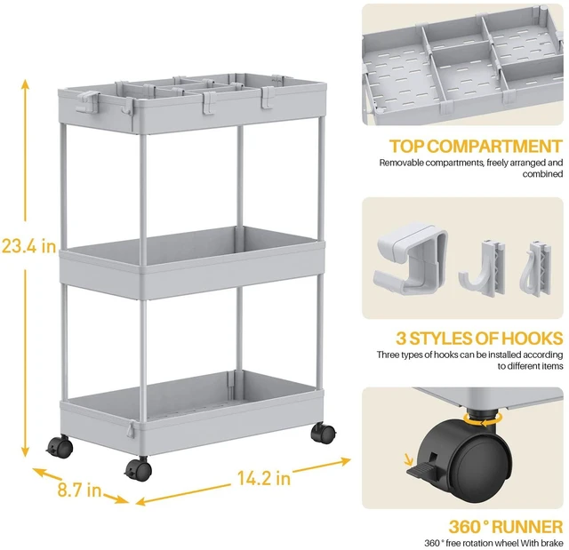 Alt view image 3 of 7 - 3 Tier Rolling Cart with Wheels, Storage Craft Art Trolley Organizer Serving, 3 Hanging Baskets Easy Assembly, for Office, Living Room, Kitchen, Gray
