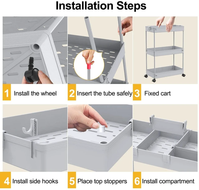 Alt view image 4 of 7 - 3 Tier Rolling Cart with Wheels, Storage Craft Art Trolley Organizer Serving, 3 Hanging Baskets Easy Assembly, for Office, Living Room, Kitchen, Gray