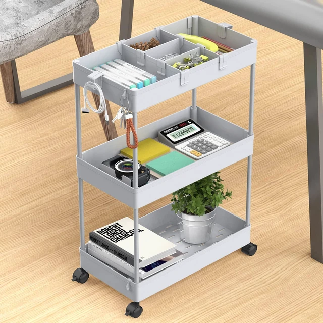 Alt view image 6 of 7 - 3 Tier Rolling Cart with Wheels, Storage Craft Art Trolley Organizer Serving, 3 Hanging Baskets Easy Assembly, for Office, Living Room, Kitchen, Gray