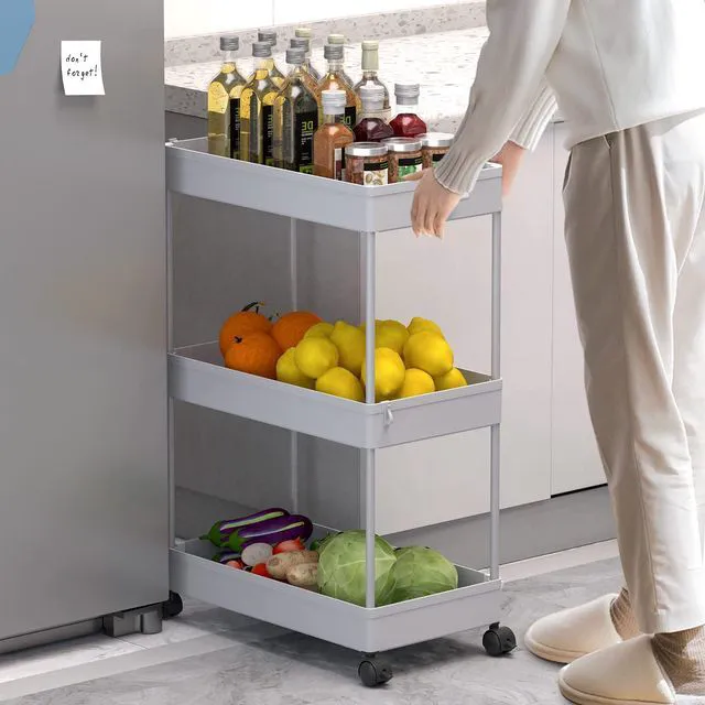 Alt view image 5 of 7 - 3 Tier Rolling Cart with Wheels, Storage Craft Art Trolley Organizer Serving, 3 Hanging Baskets Easy Assembly, for Office, Living Room, Kitchen, Gray